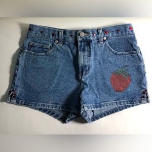 Ladies/Girls Blue Jean Shorts With Sparkly Strawberry Design & Red Studs Size 5
